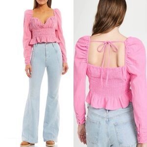 Free People Pink Chloe Cotton Long Sleeve Blouse NWT Size Large Boho Barbiecore